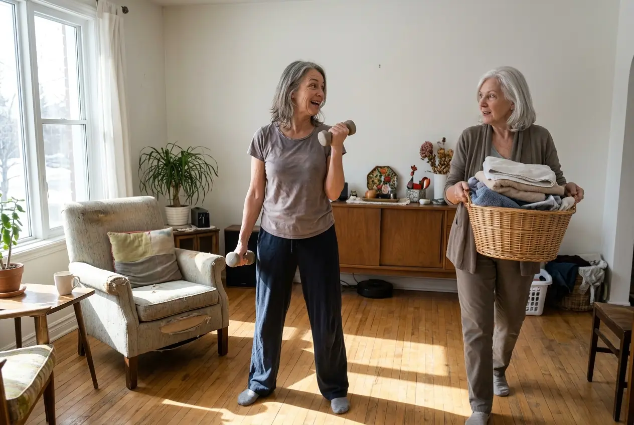 Older woman raising light dumbbells sideways in her living room.