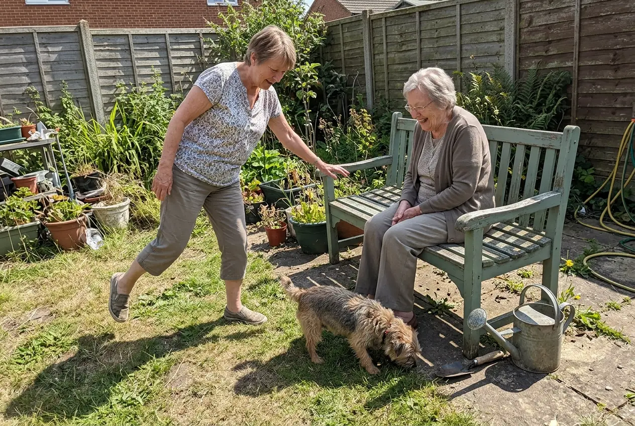 Older woman standing on one foot beside a sturdy bench in a garden.