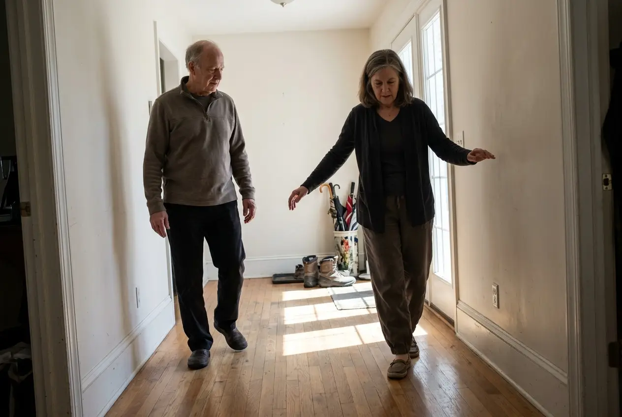 Older woman taking heel-to-toe steps beside a hallway wall.