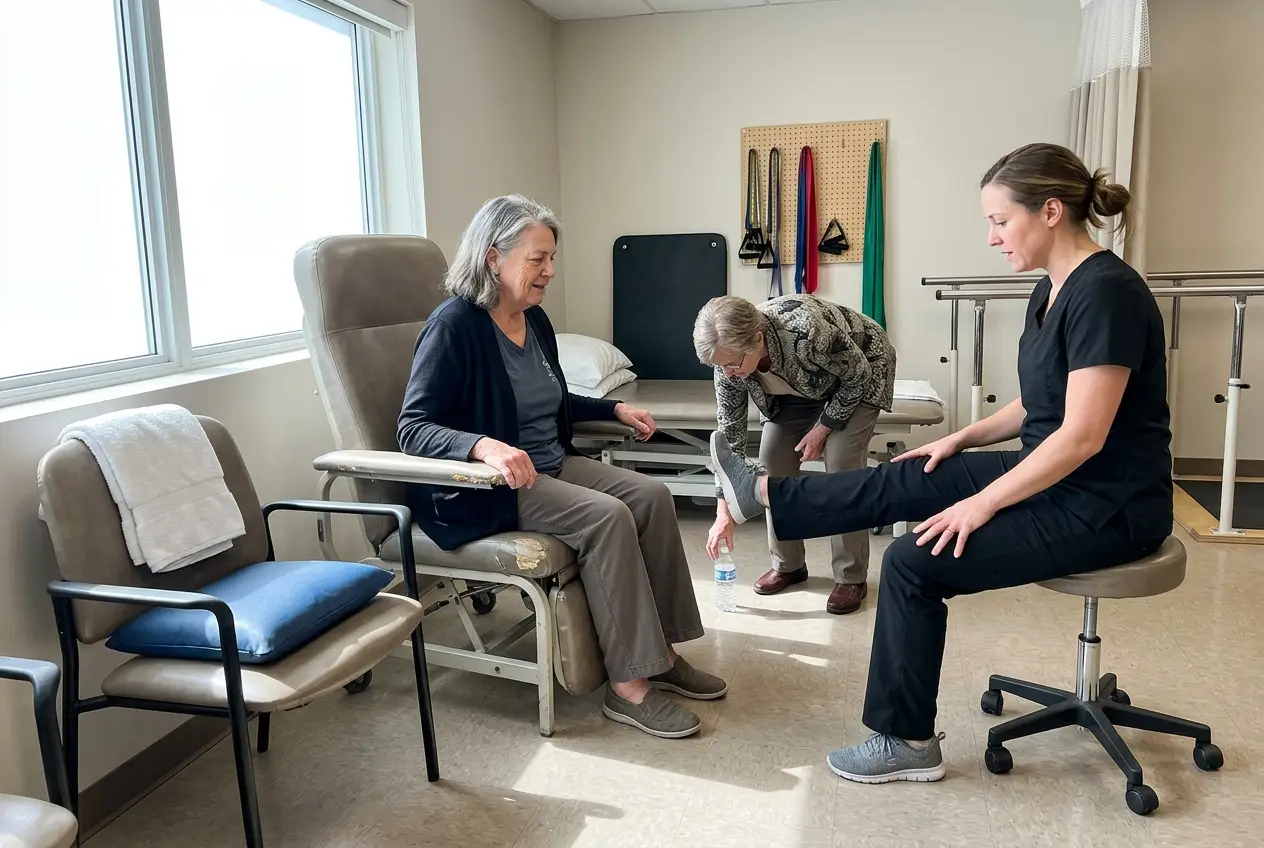 Older woman seated in a clinic chair while a physical therapist demonstrates a leg extension.