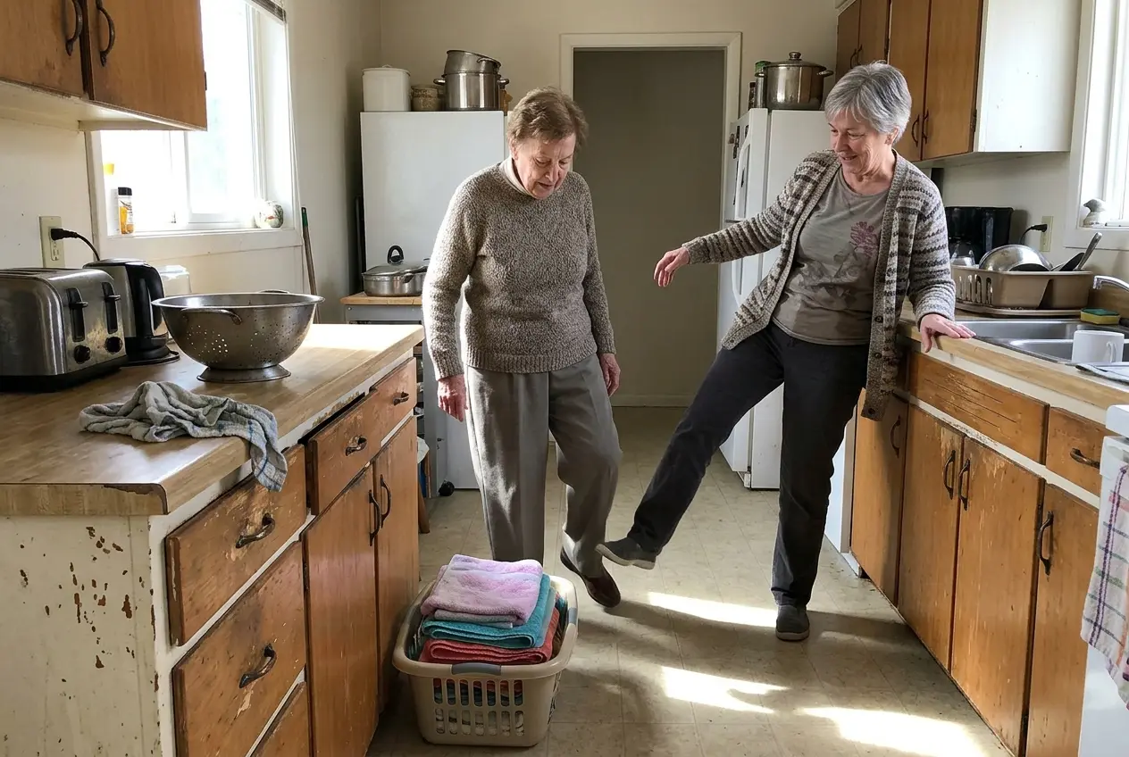 Older woman lifting one leg sideways while holding her kitchen counter.
