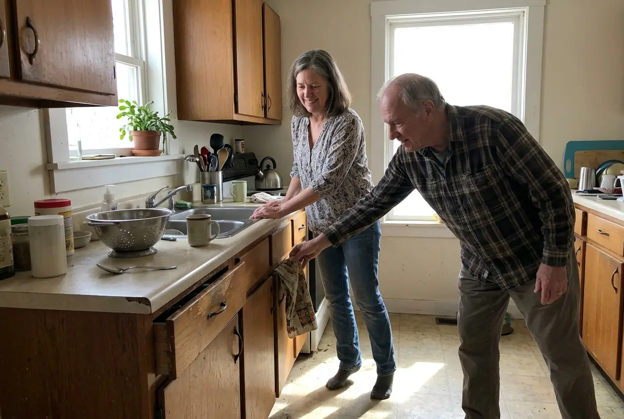 Older woman rising onto her toes while holding her kitchen counter.