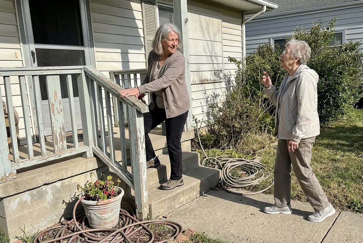 Older woman tapping a low front step with one foot while holding a porch rail.