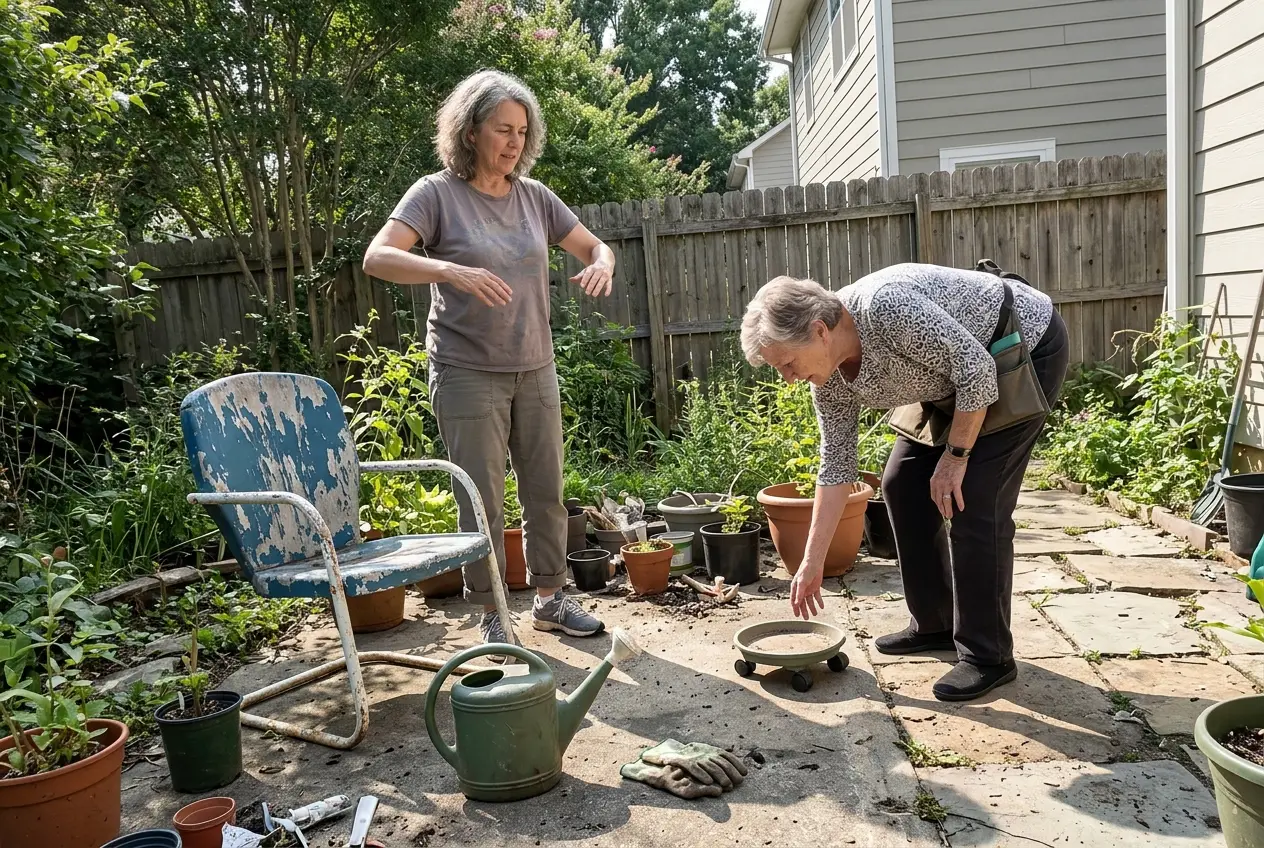 Older woman making small arm circles beside a chair on her patio.