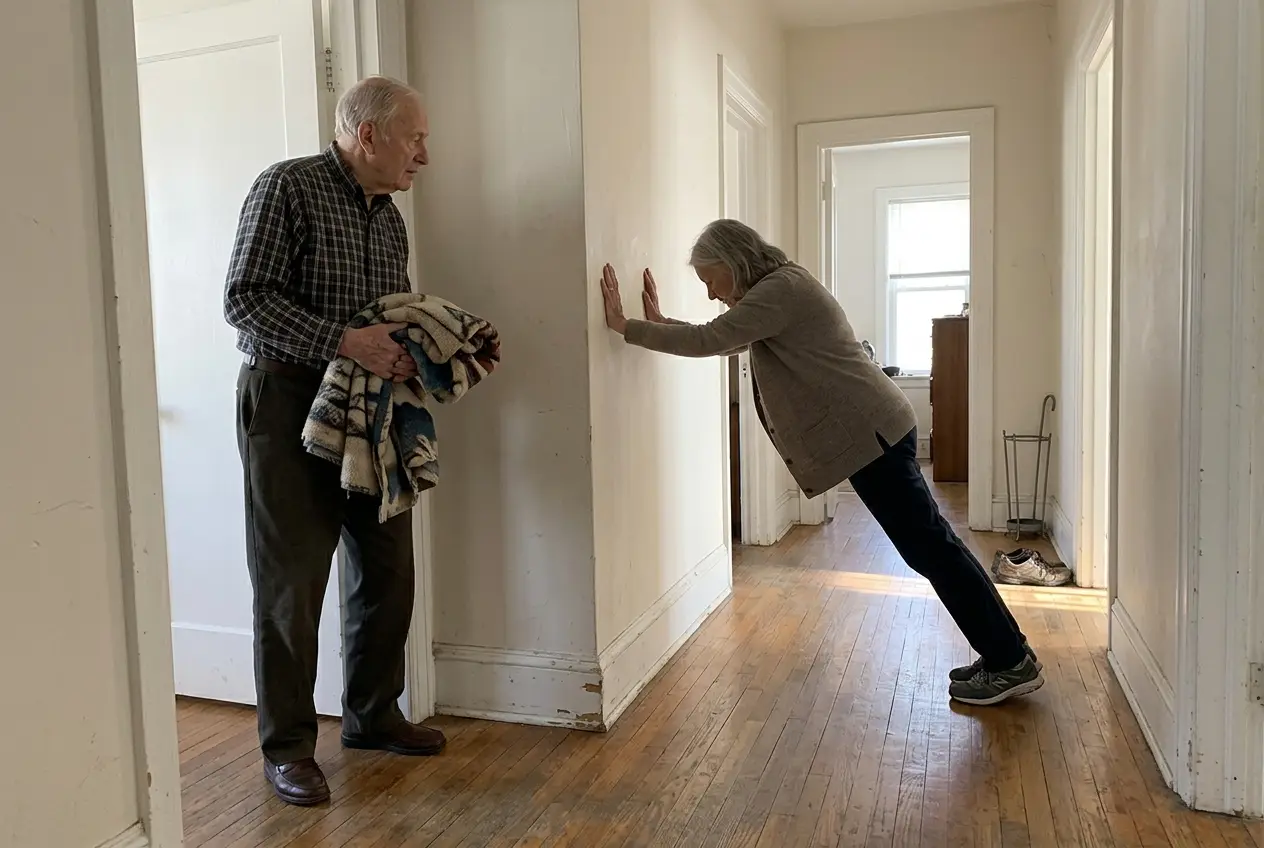 Older woman doing a wall push-up against a clear hallway wall.