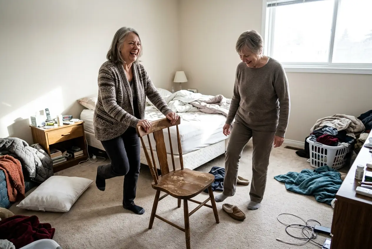 Older woman marching in place while holding a chair back in her bedroom.