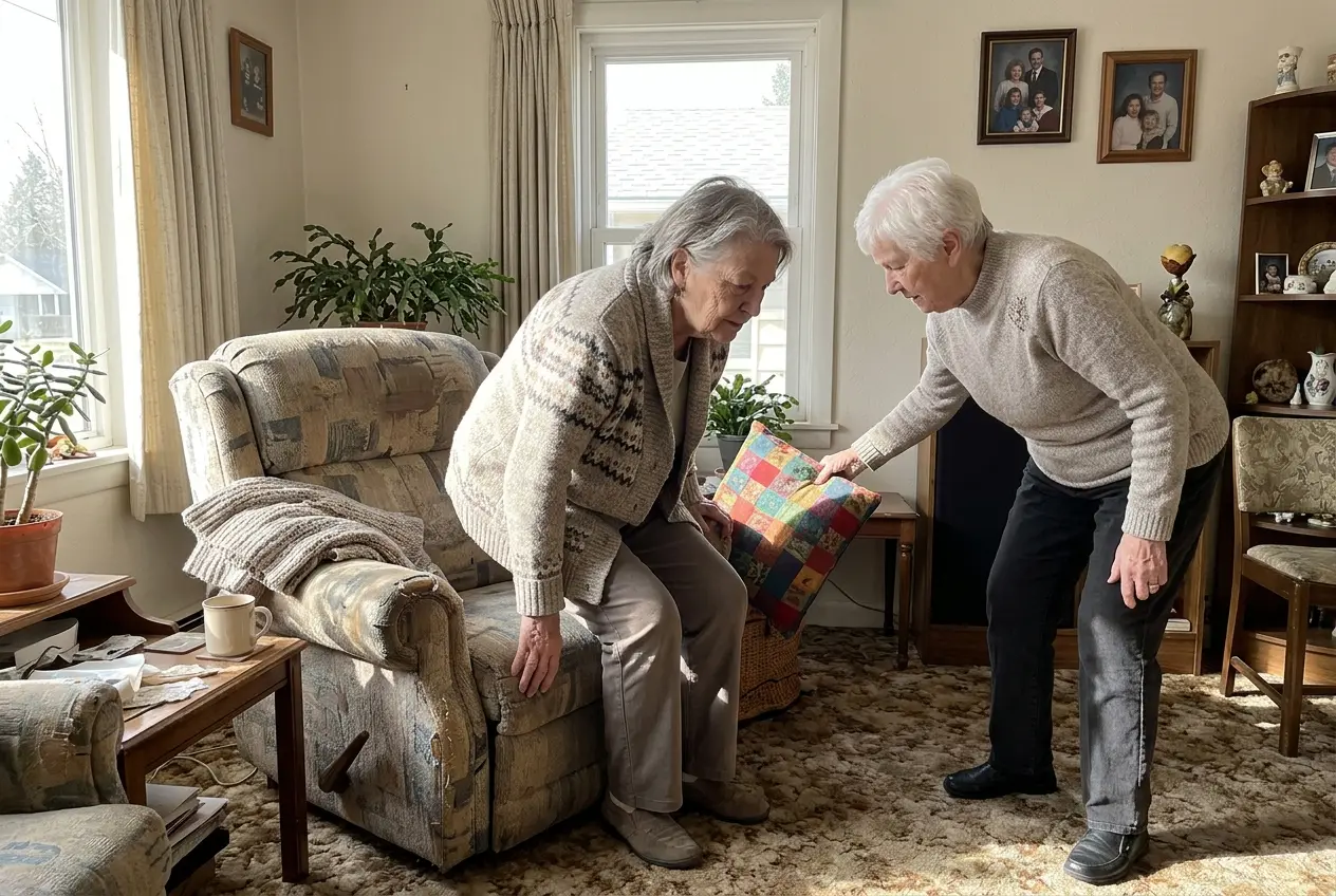 Older woman rising from a sturdy chair against her living room wall.