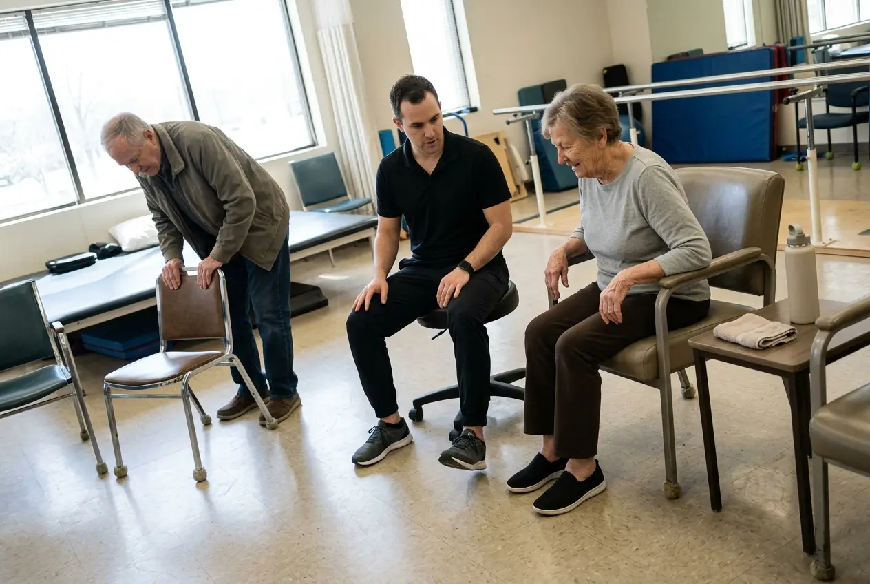 Older woman seated with both feet on the floor while a physical therapist demonstrates an ankle circle in a clinic.