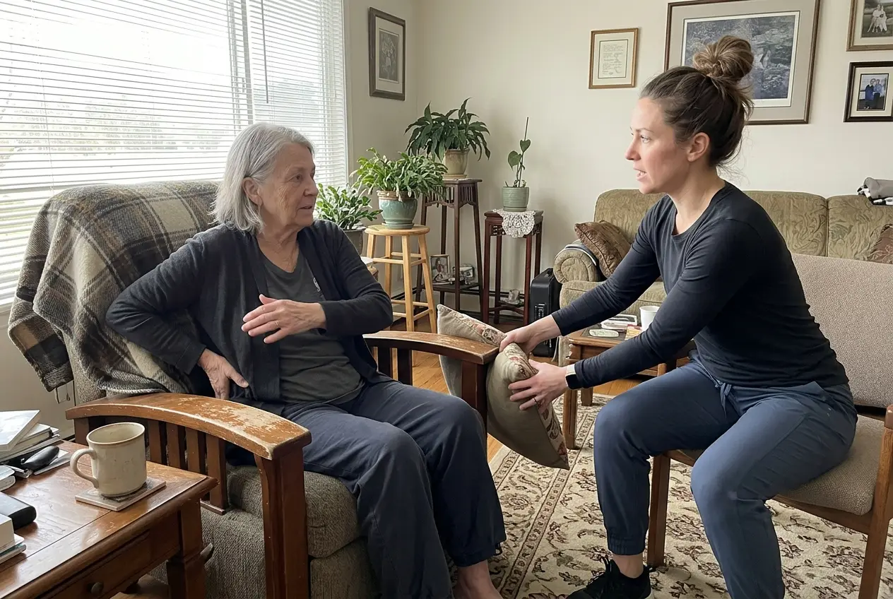 Older woman sitting in a sturdy living room chair while a physical therapist shows her a seated spine movement.