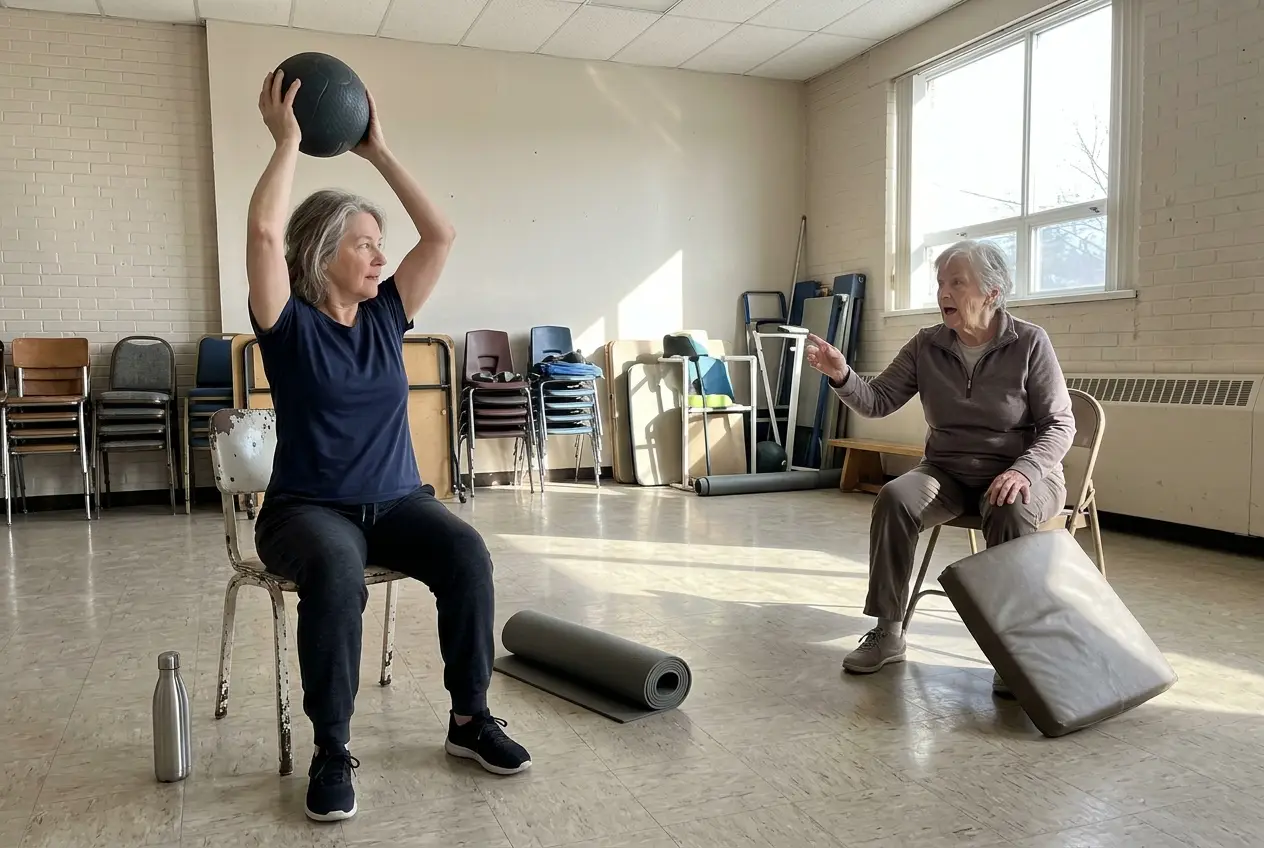 Older woman reaching overhead with a medicine ball while seated in a recreation room.