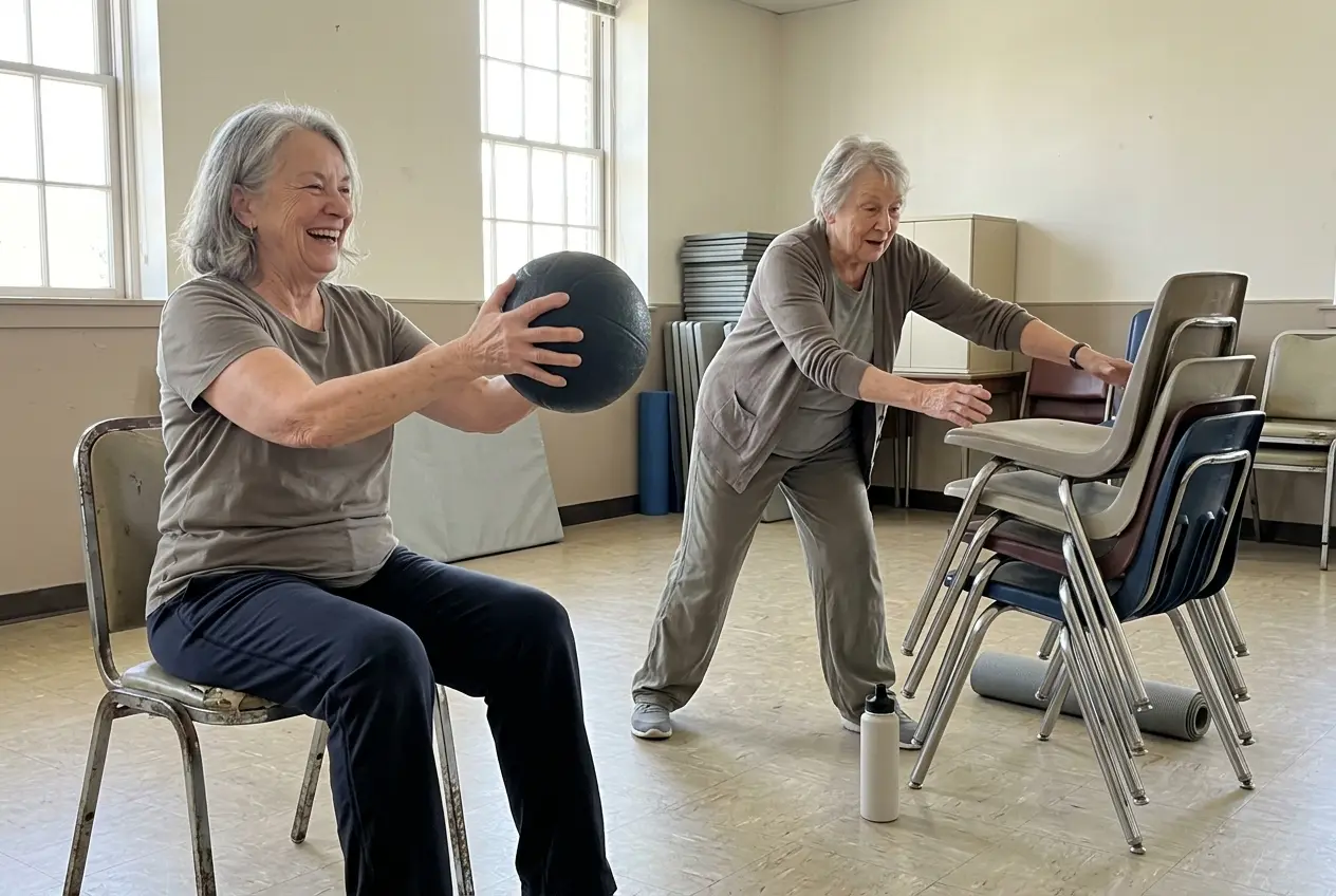 Older woman pressing a medicine ball forward while seated in a community-center exercise room.