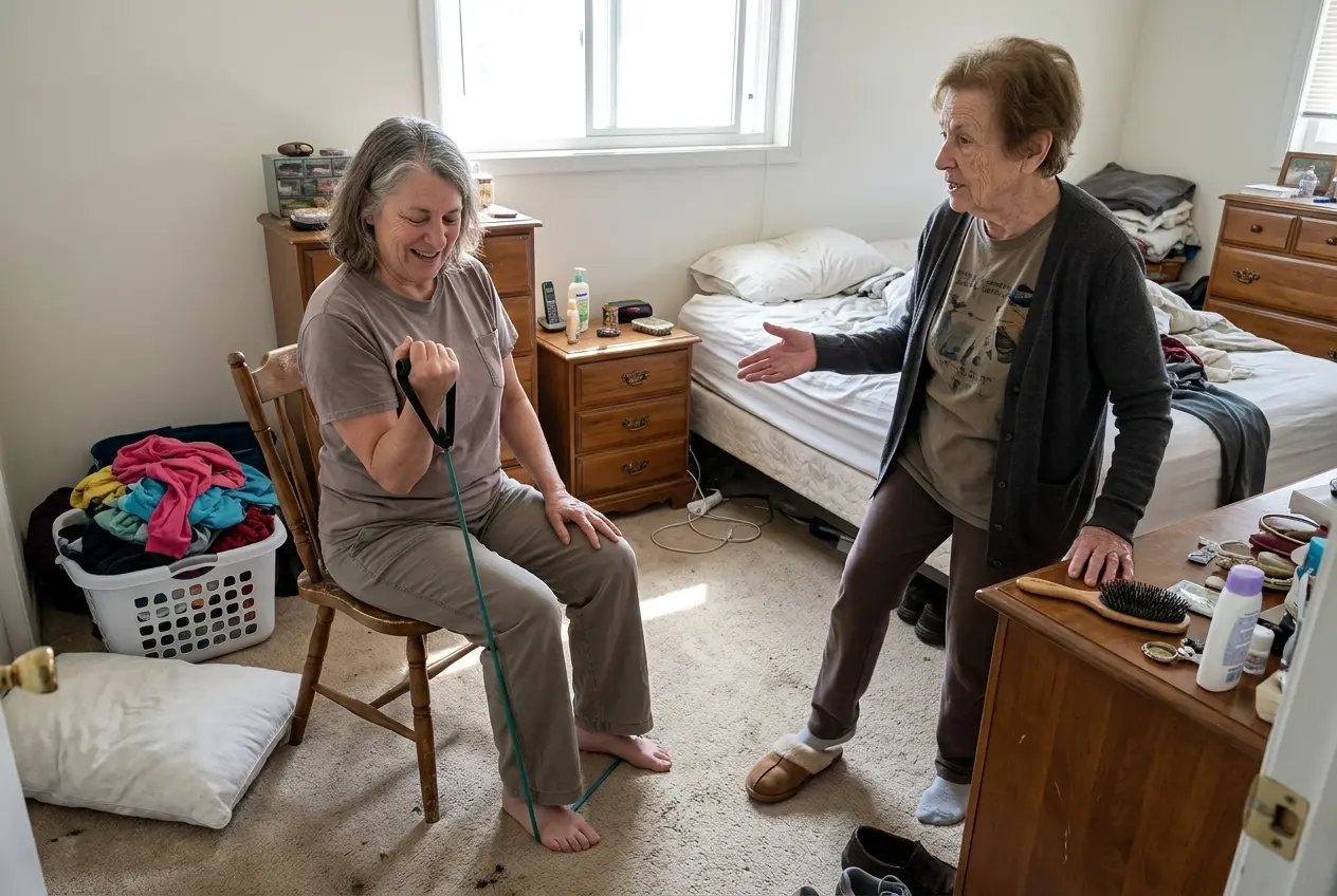 Older woman doing a resistance band curl from a chair in her bedroom.