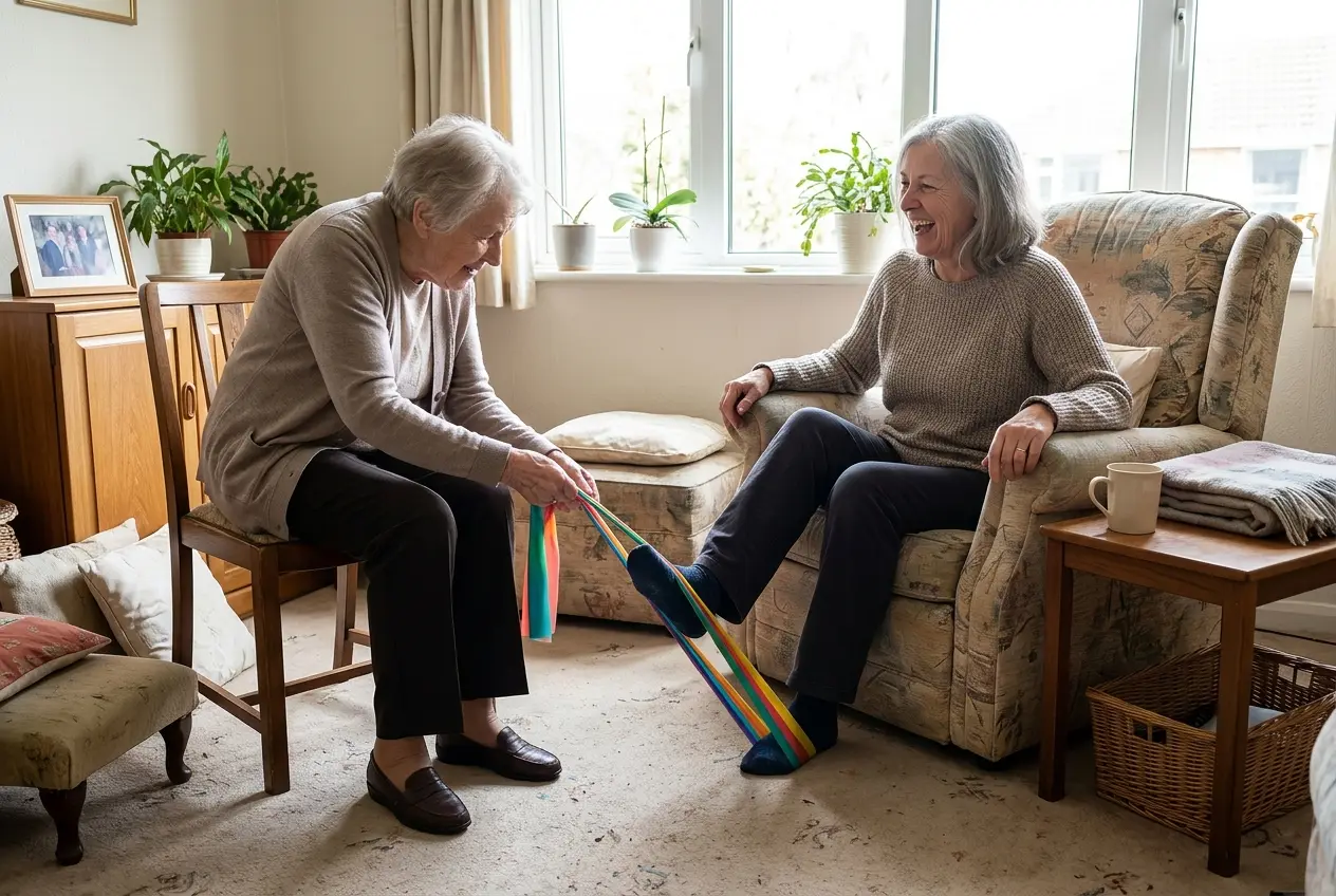 Older woman pressing one foot against a resistance band while seated in her living room.