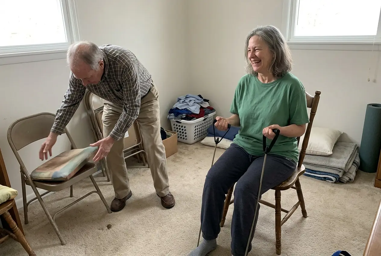 Older woman drawing a resistance band toward her body while seated in a spare room.
