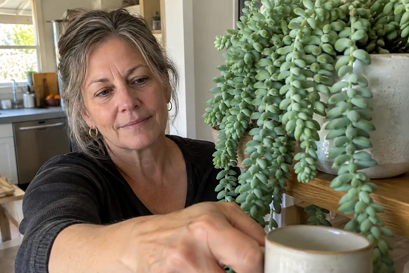A woman over 50 reaches for a ceramic cup beside a trailing burro's tail plant.