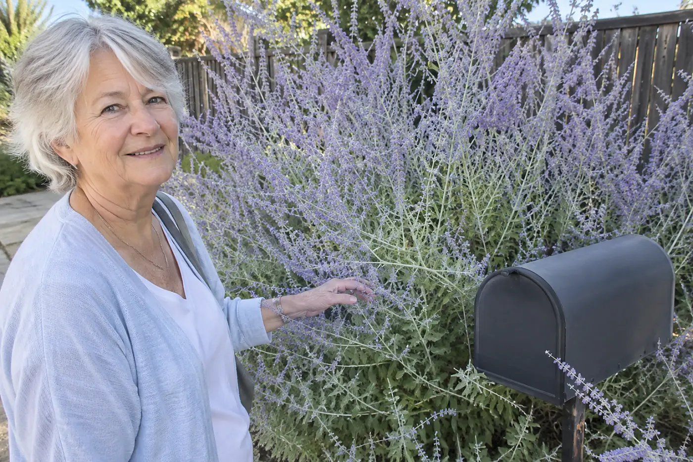 A woman in her sixties touches purple Russian sage growing behind a black mailbox.