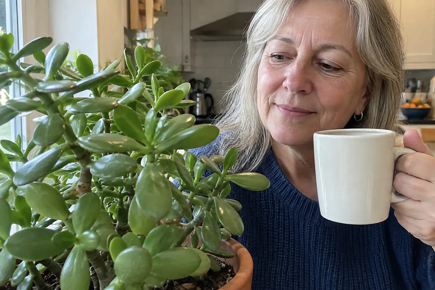 A woman in her sixties drinks coffee beside a jade plant in a clay pot.