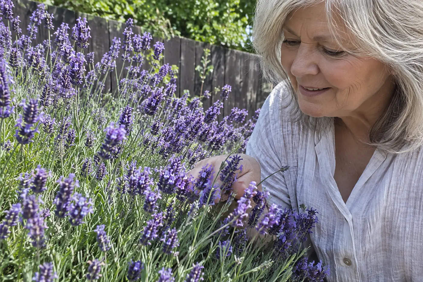 A woman in her sixties touches purple lavender flowers growing beside a wooden fence.
