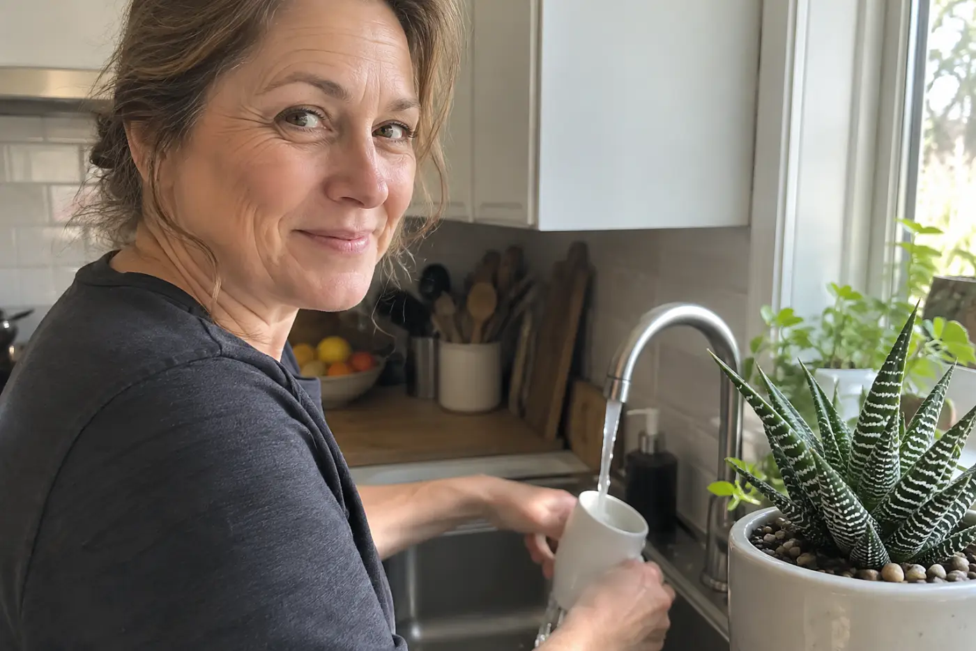 A woman in her fifties washes a cup beside a potted zebra haworthia plant.