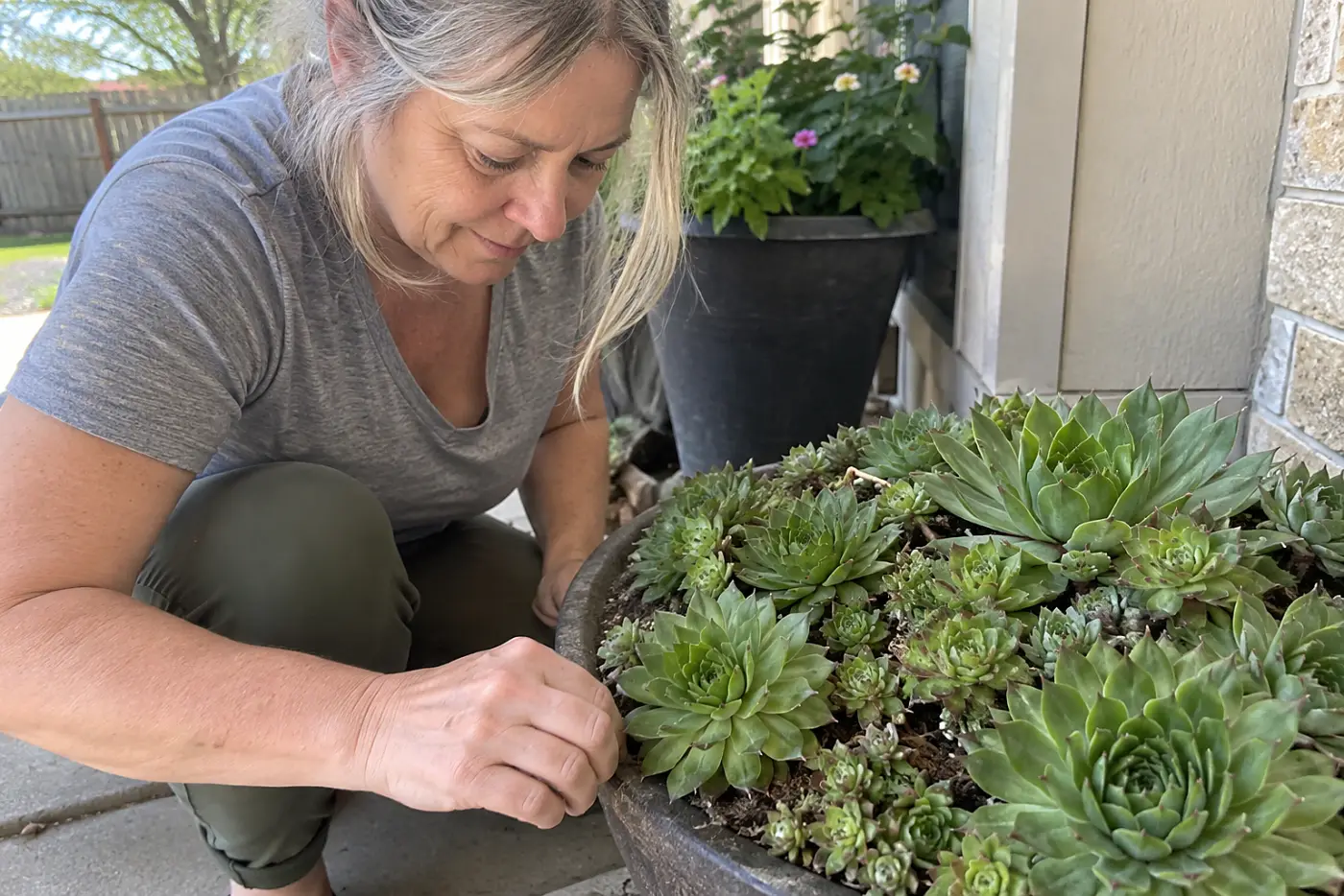 A woman in a grey t-shirt tends a planter filled with green hens and chicks.