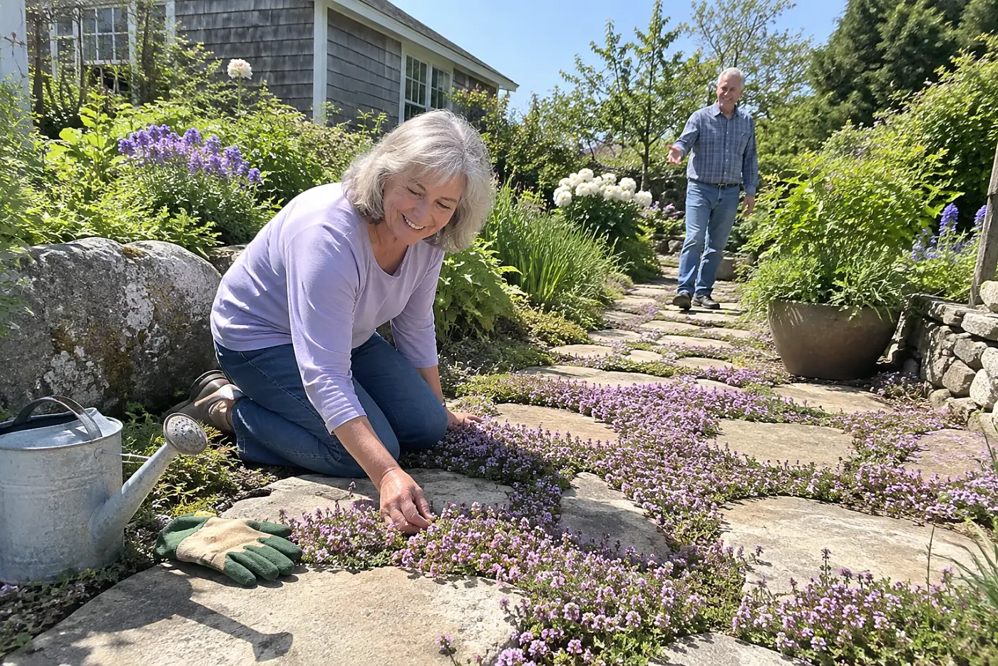 A woman in her sixties kneels beside creeping thyme growing between garden path stepping stones.