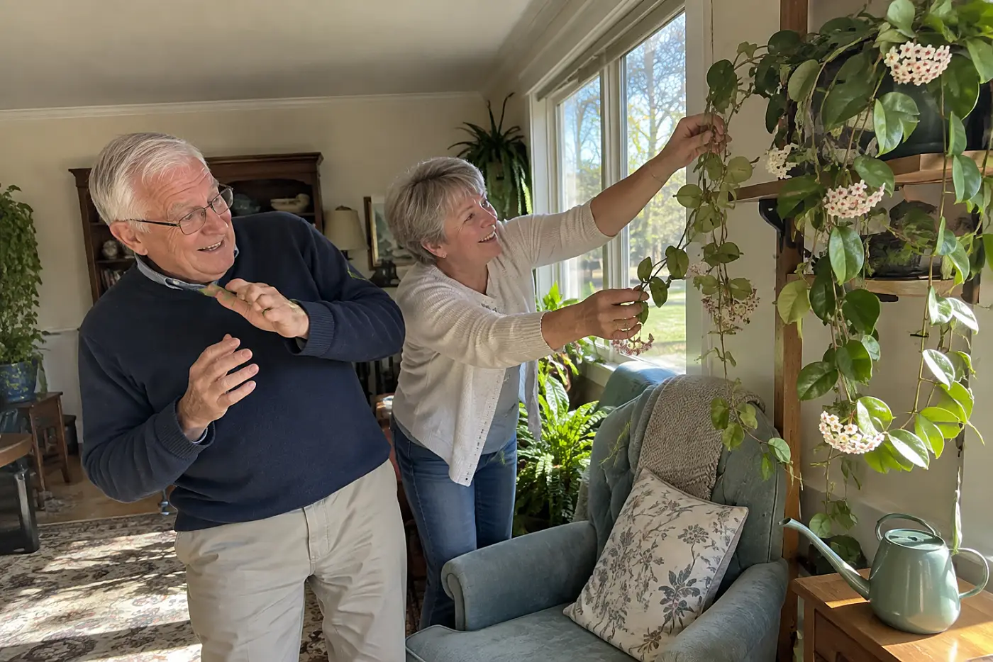 An older man and woman examine a flowering Hoya plant trailing beside a bright window.