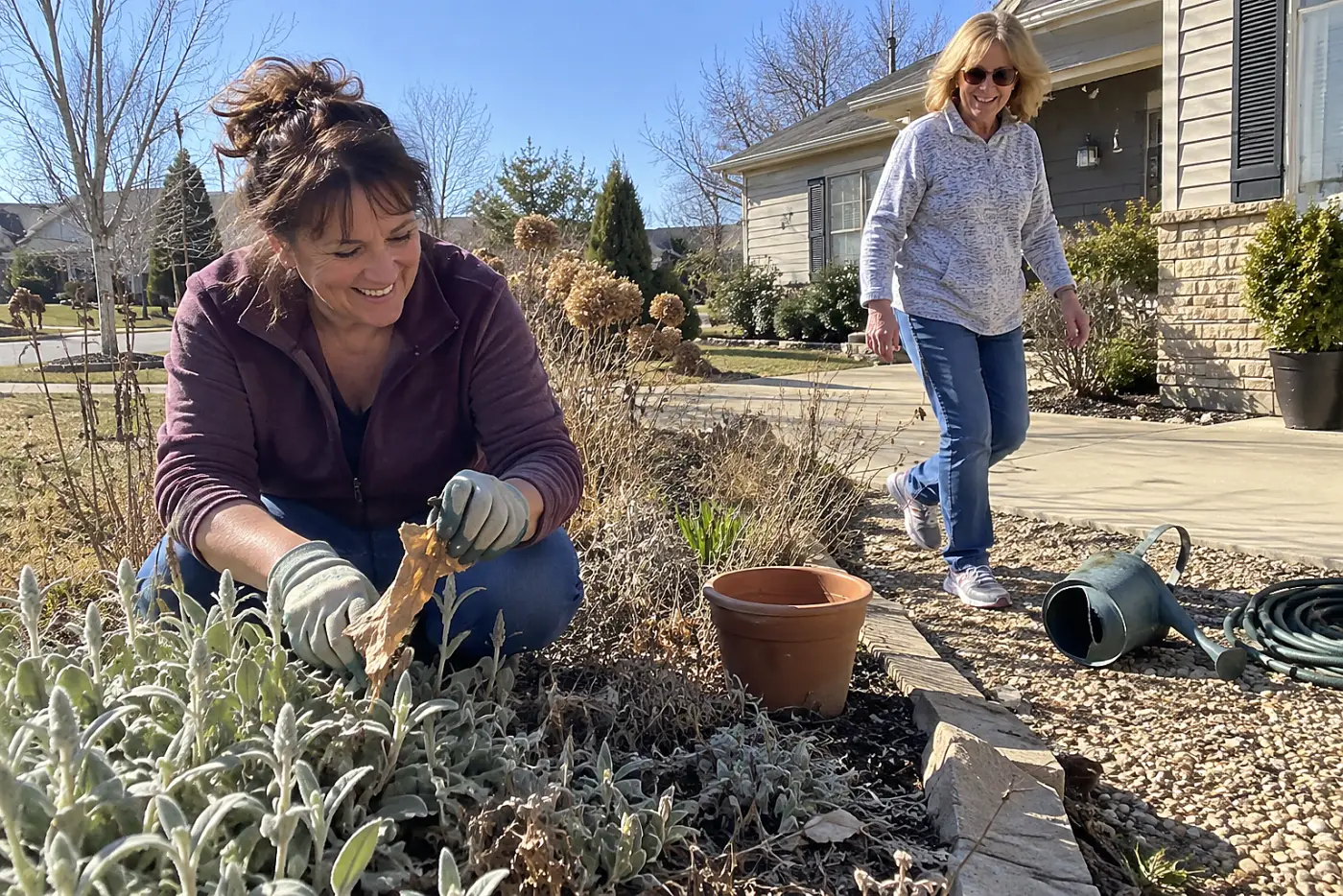 A woman in her fifties removes dead leaves from lamb's ear along a garden border.