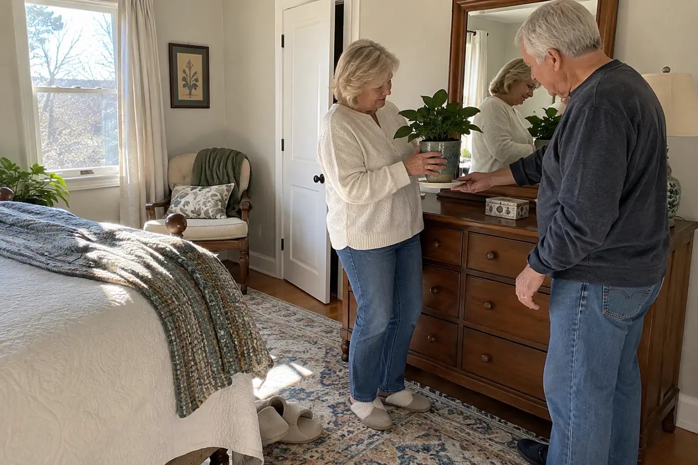 A woman in her sixties lifts a potted Peperomia plant from a bedroom dresser.