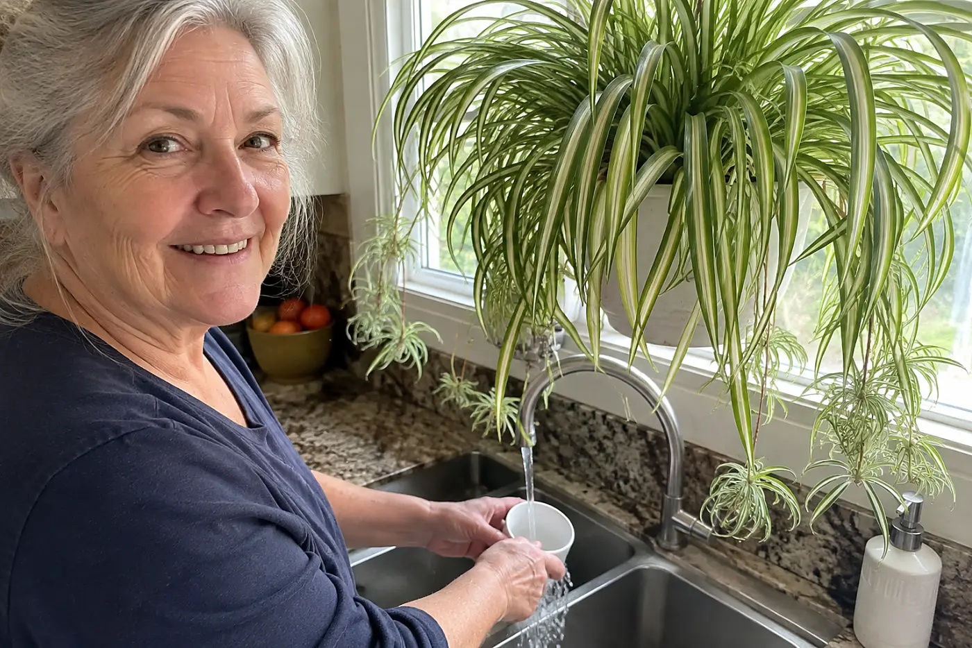 A woman in her sixties rinses a cup at a sink below a hanging spider plant.