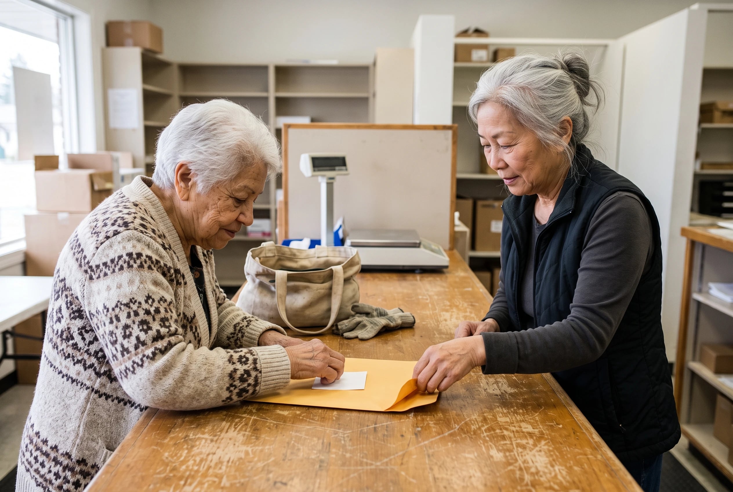 A woman presses a four-cent stamp onto an envelope at a post office counter.