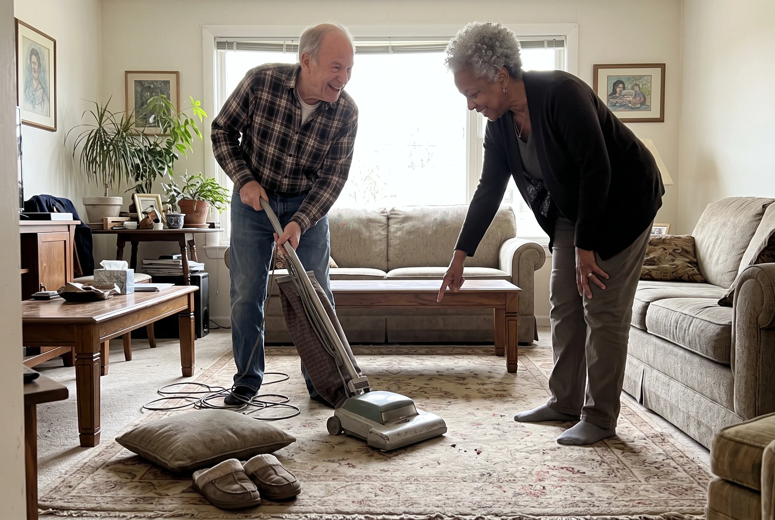 A vacuum salesman demonstrates a cleaner on a living room rug.