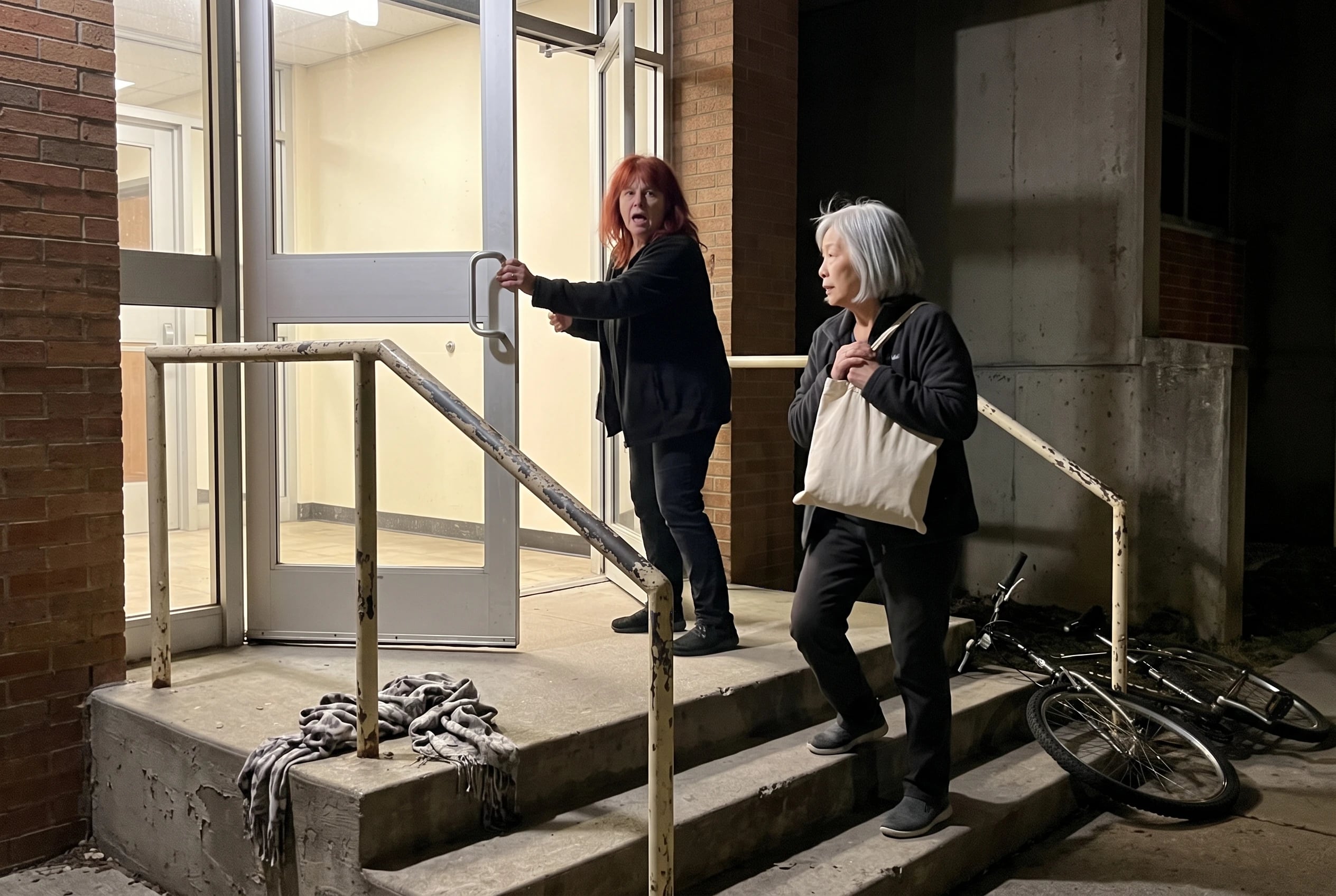 A college student hurries toward her dormitory entrance at night.