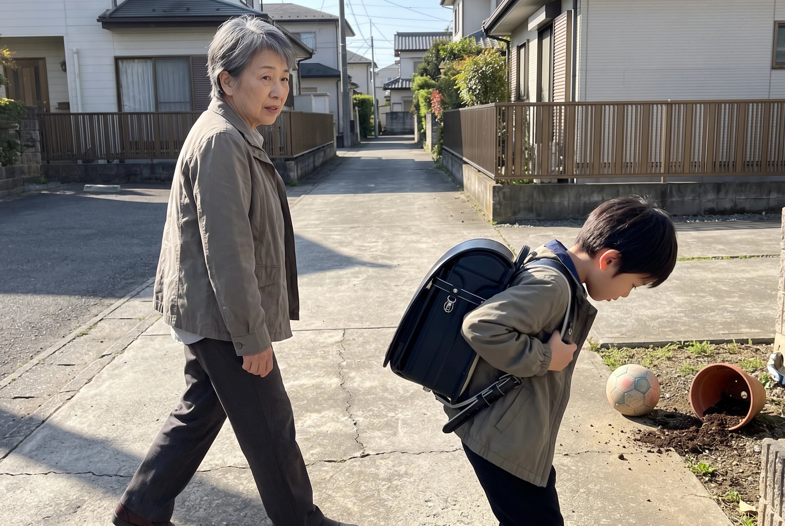 A child walks along a neighborhood sidewalk carrying a schoolbag.