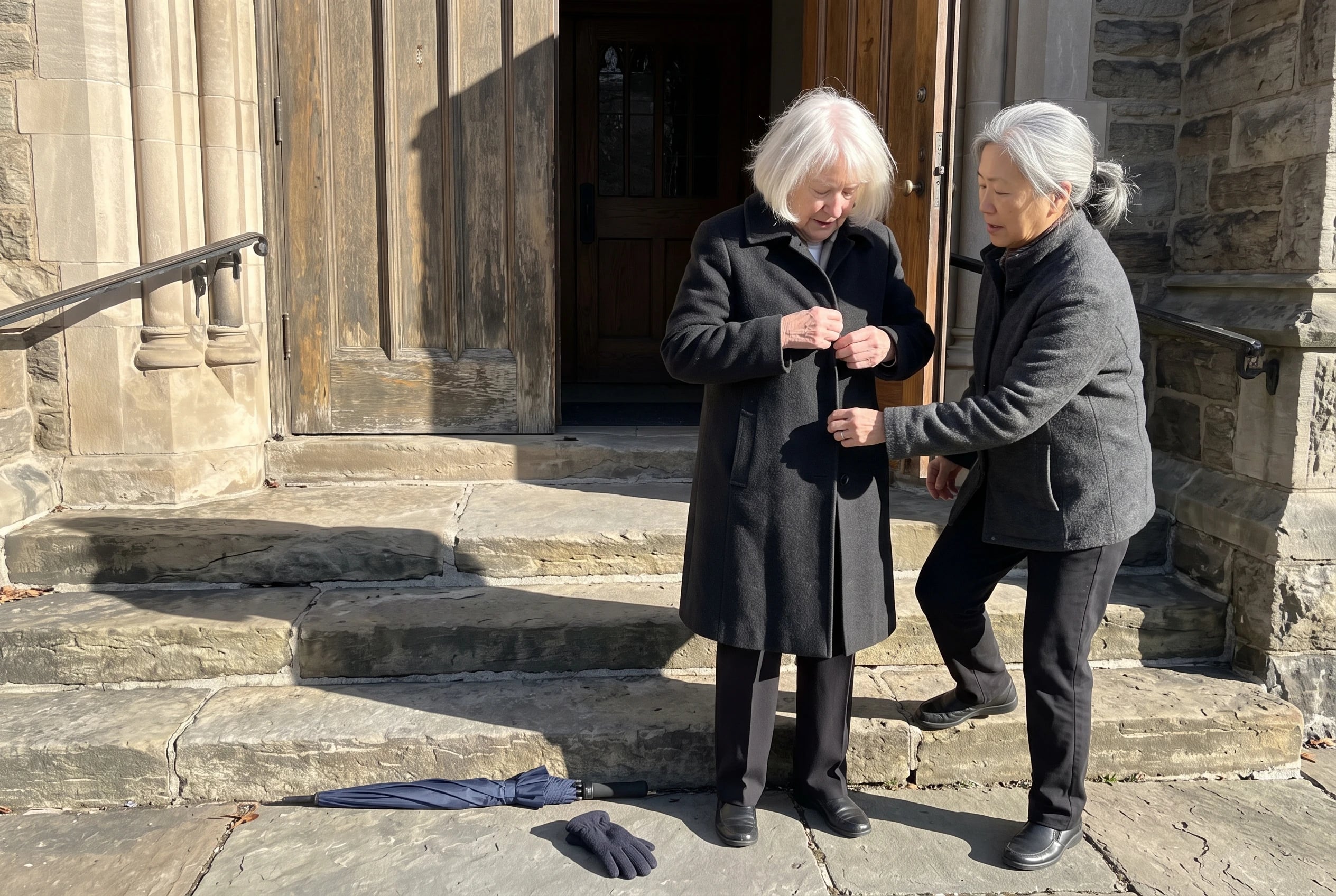A woman straightens her coat outside a church entrance.