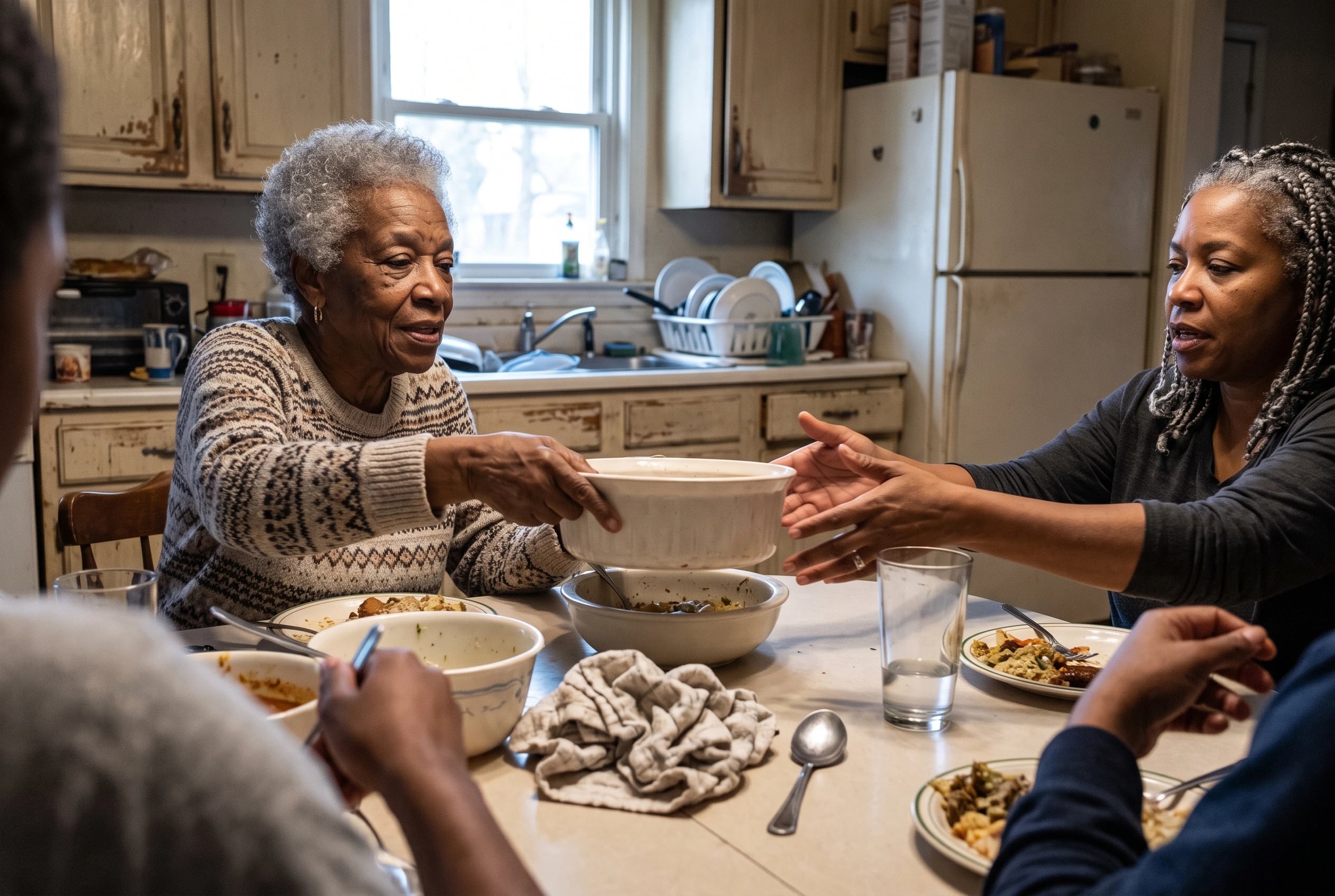 A woman passes a serving dish across a family dinner table in her kitchen.