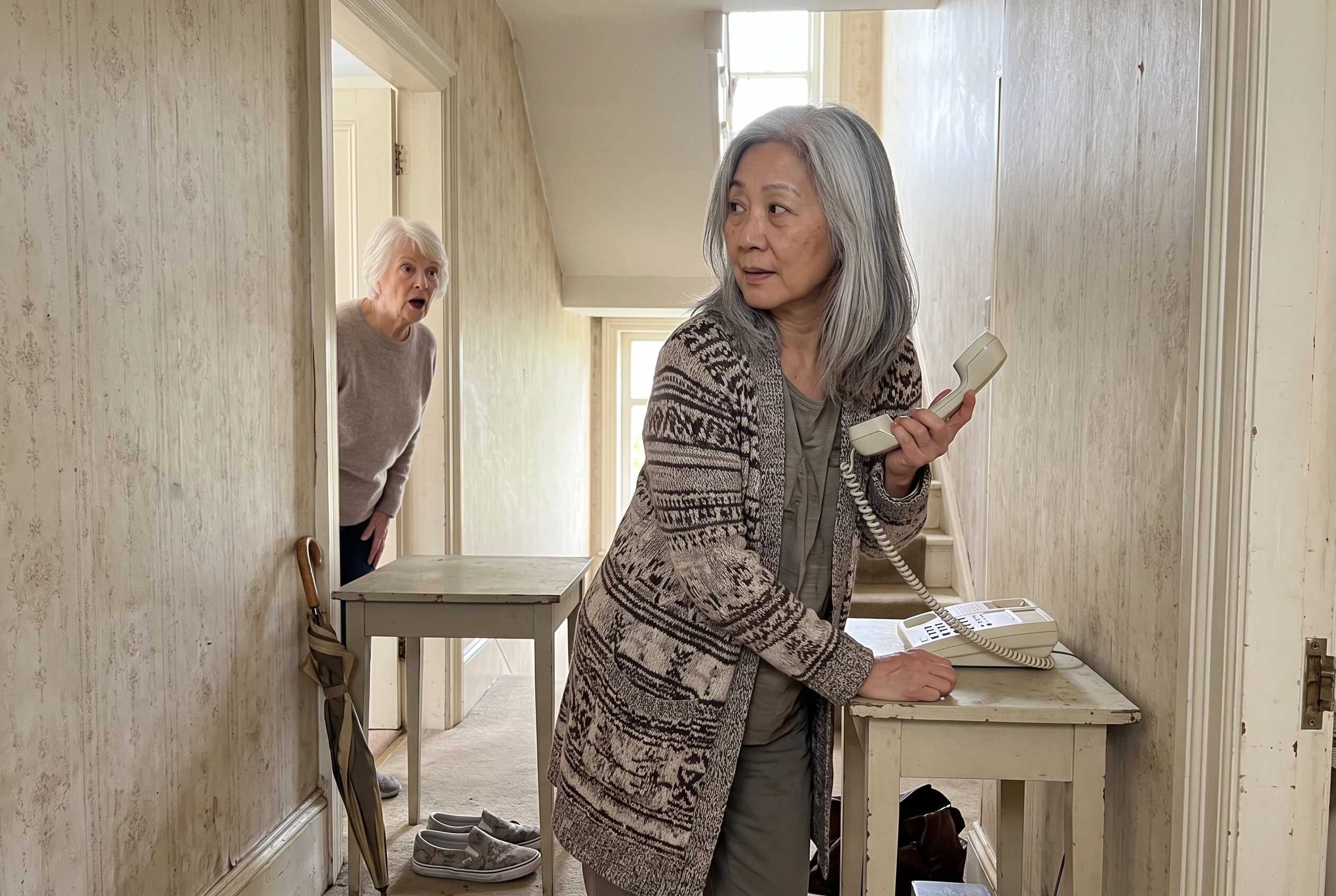 A woman holds a telephone receiver in her hallway while waiting to speak.