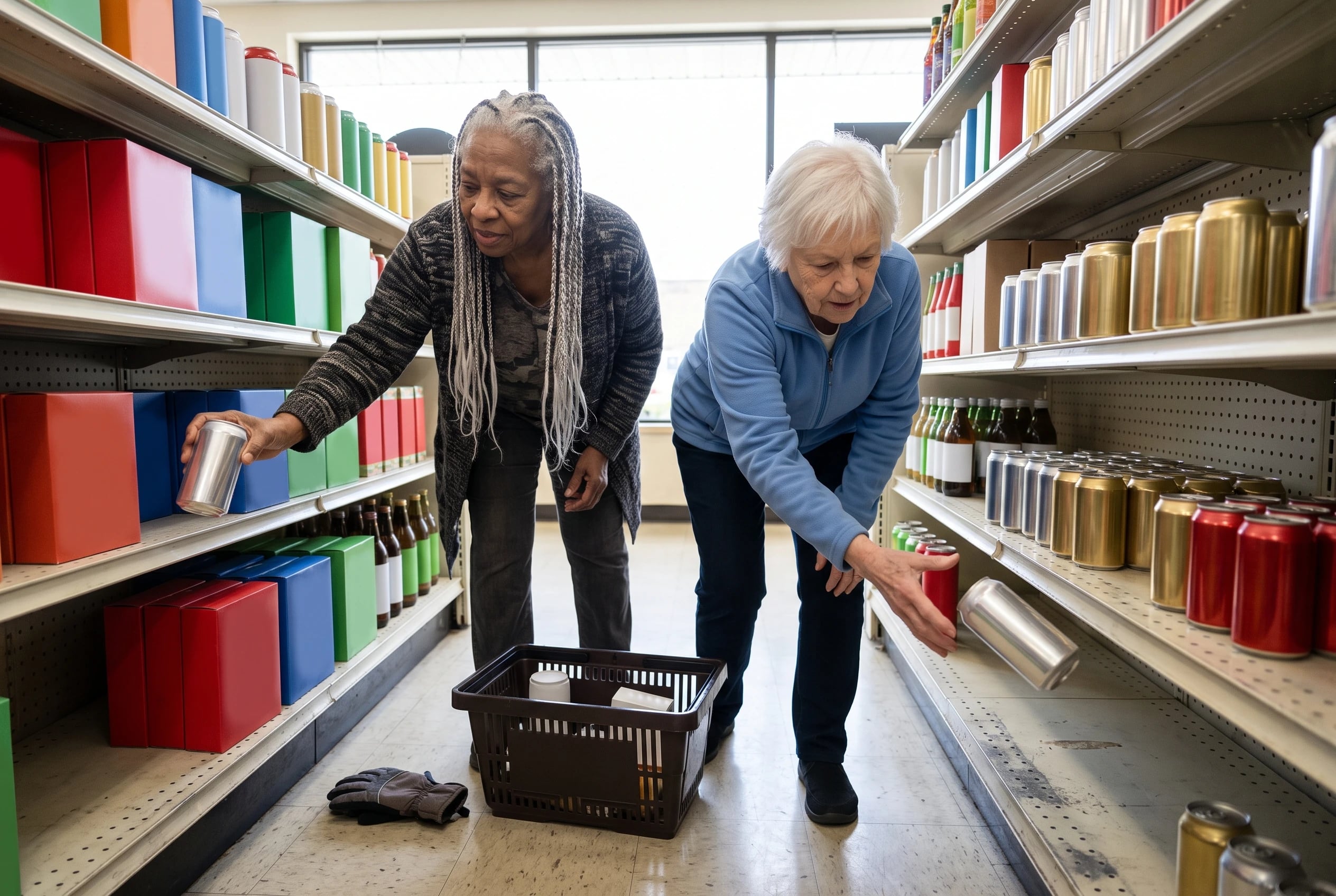 A woman takes a can of TaB from a grocery store shelf.