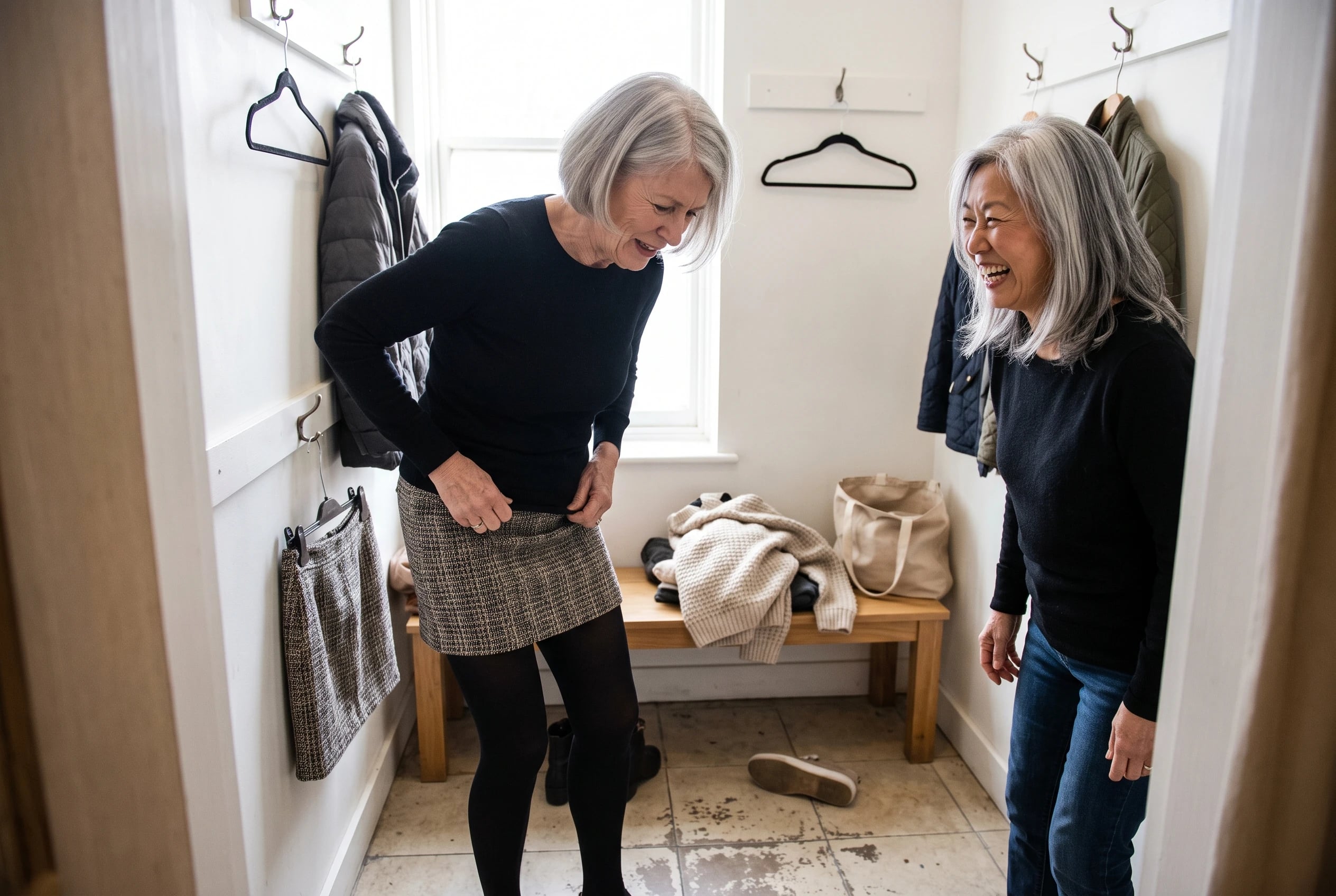 A young woman adjusts a miniskirt in a clothing shop fitting room.