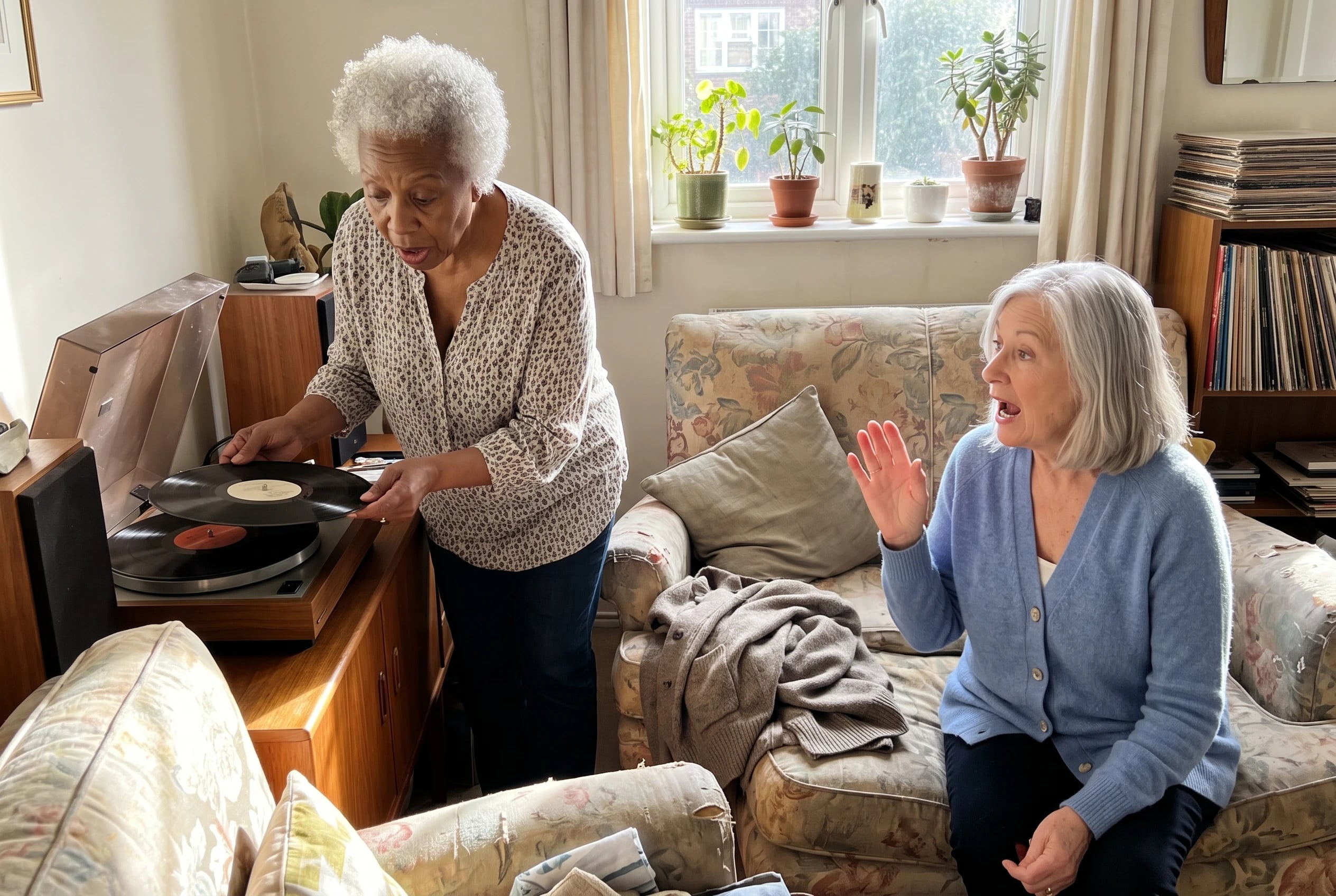 A woman places a record on a living room turntable.