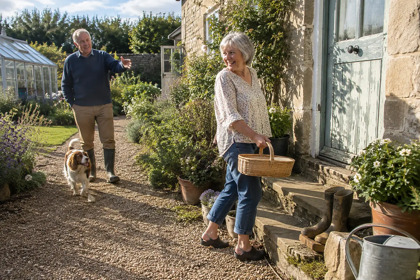 Older woman walking toward her back door with an empty basket along a clear garden path.