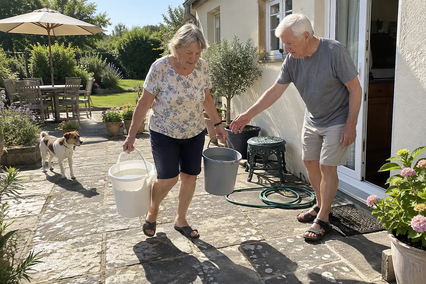 Older woman carrying two partly filled buckets across her patio.