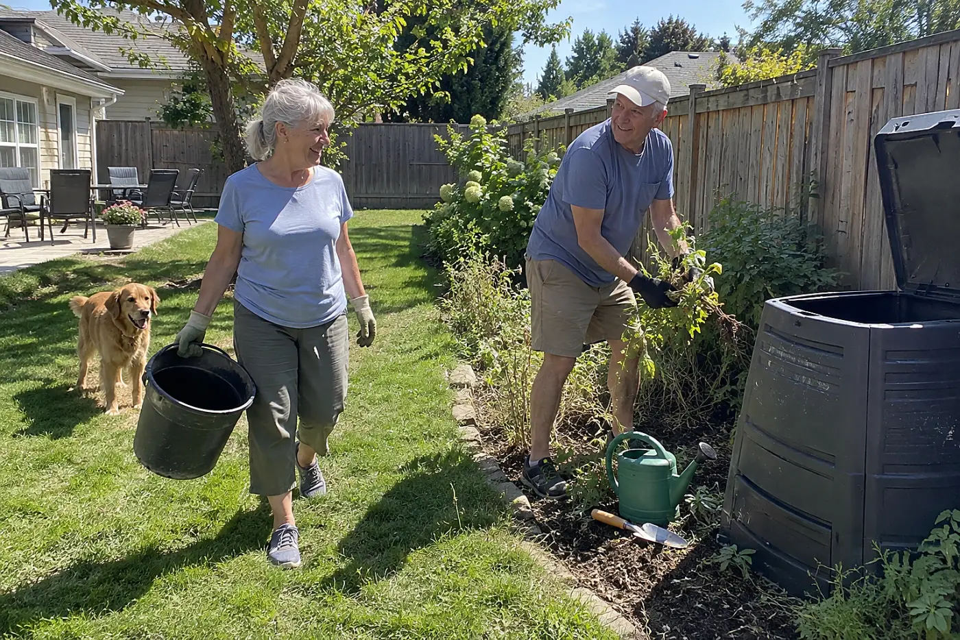 Older woman carrying an empty debris bucket from her garden bed to a compost bin.