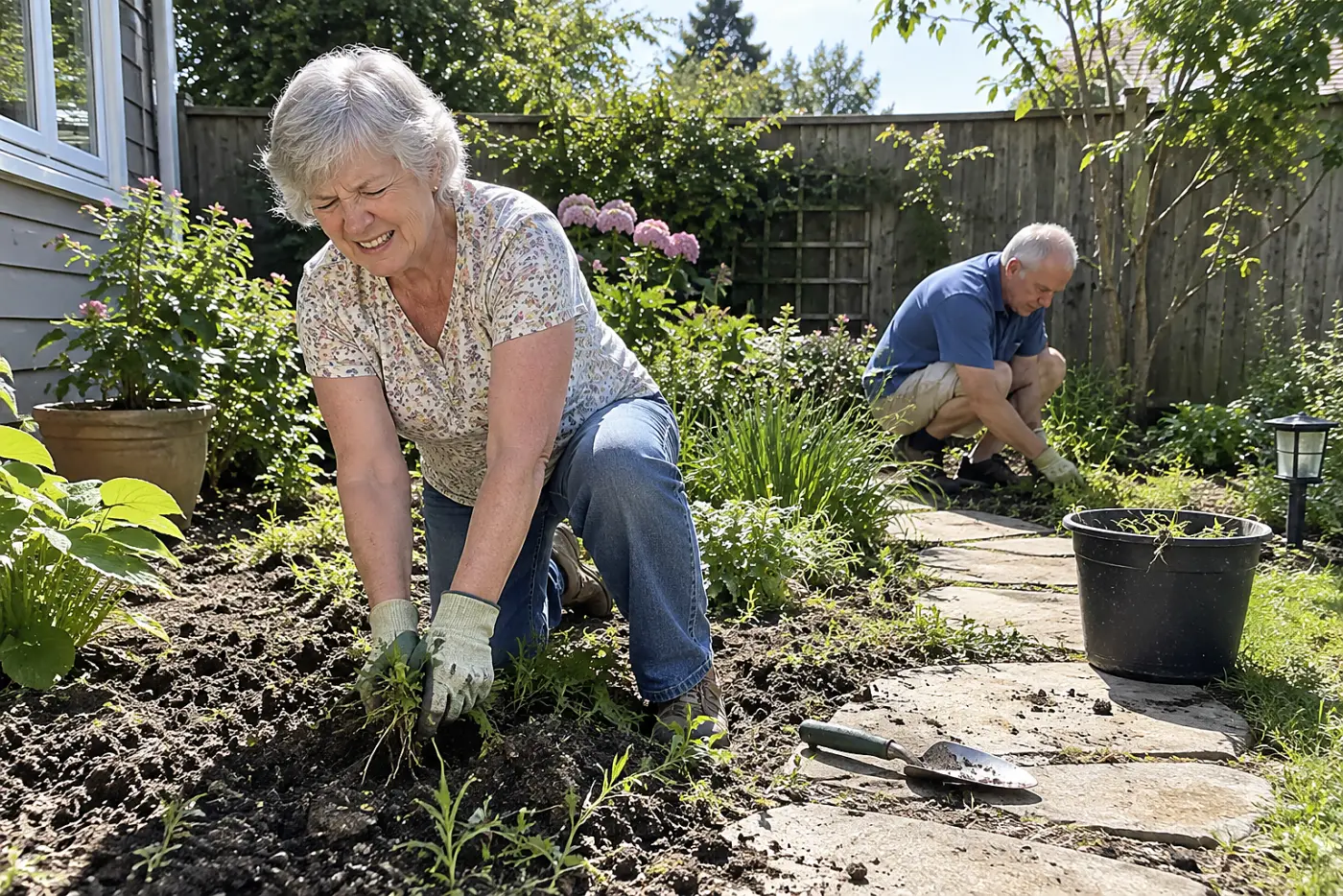 Older woman pulling a weed near its base from damp soil in her garden.