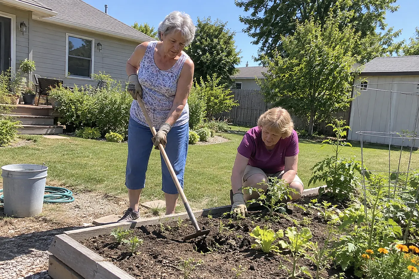 Older woman using a long-handled hoe on small weeds beside her vegetable bed.