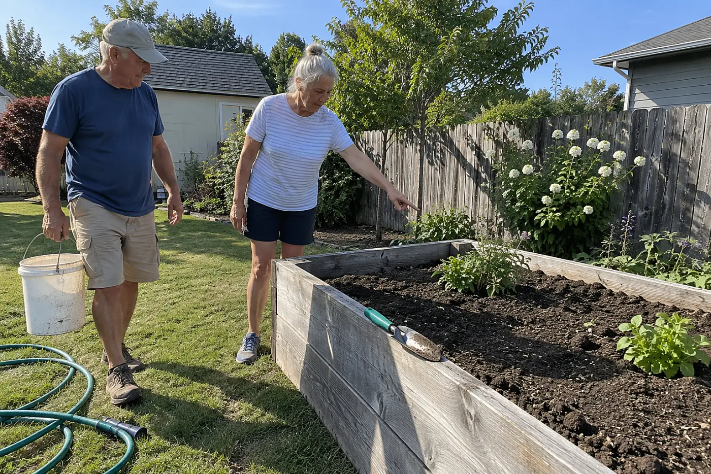 Older woman pointing out where soil should go beside a raised bed in her backyard.