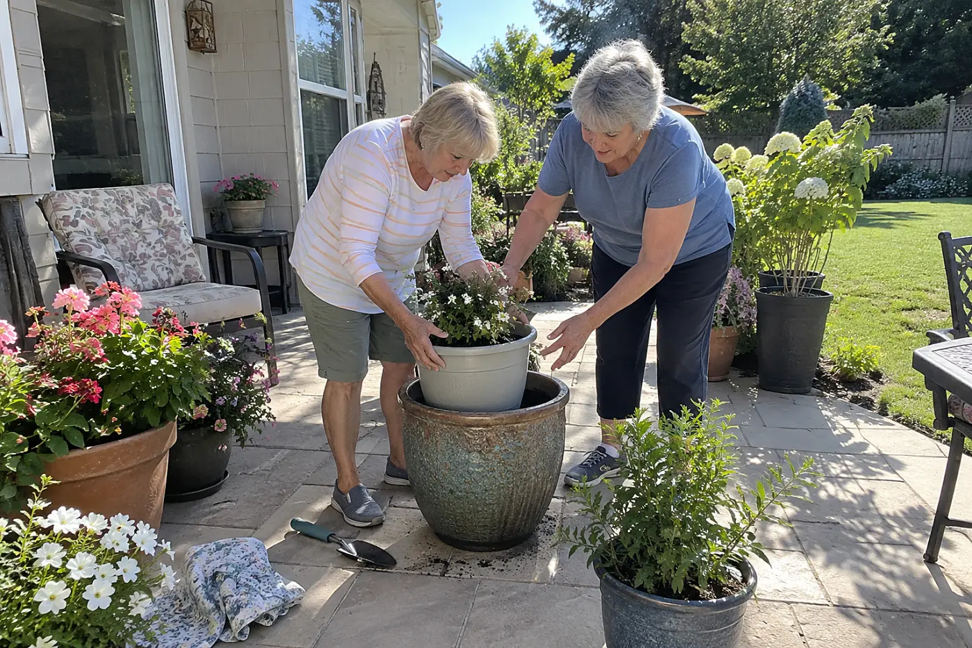Older woman placing a light nursery pot inside a larger decorative pot on her patio.