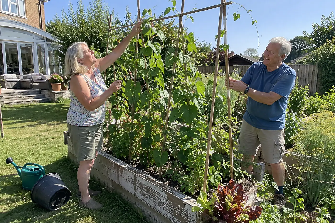 A woman in her sixties guides a climbing bean stem onto a garden trellis.