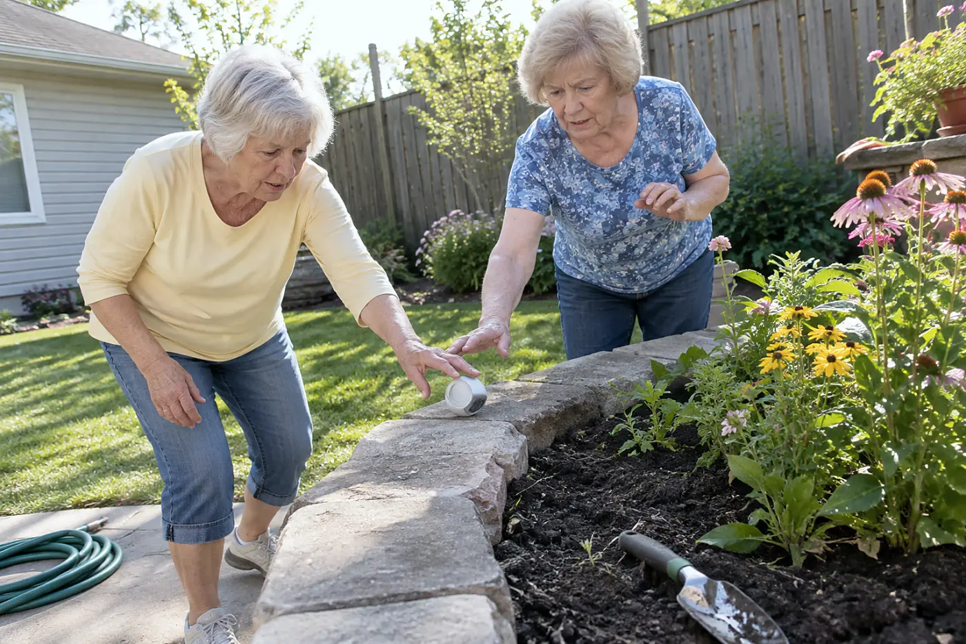 A woman in her seventies sets a timer on a raised stone garden bed.