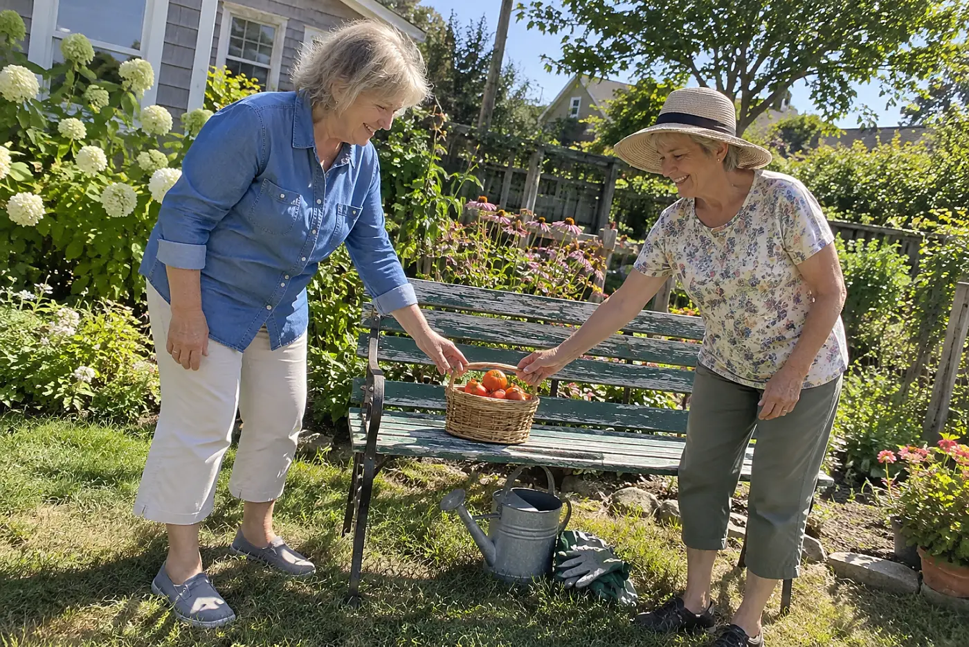 Older woman setting a small basket of tomatoes on a garden bench.