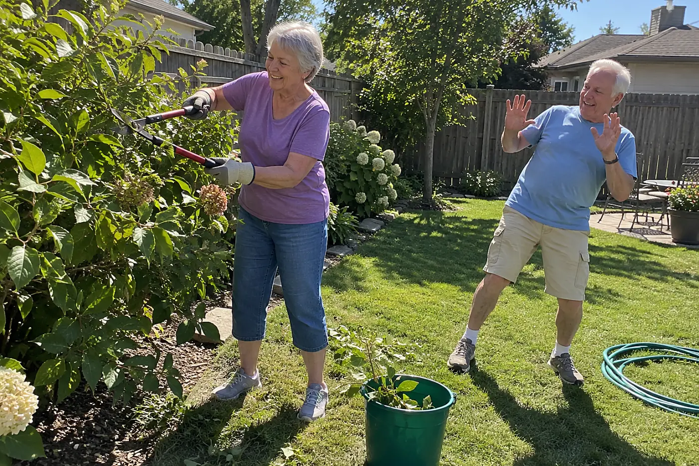 Older woman pruning an outer branch while standing beside a shrub in her yard.